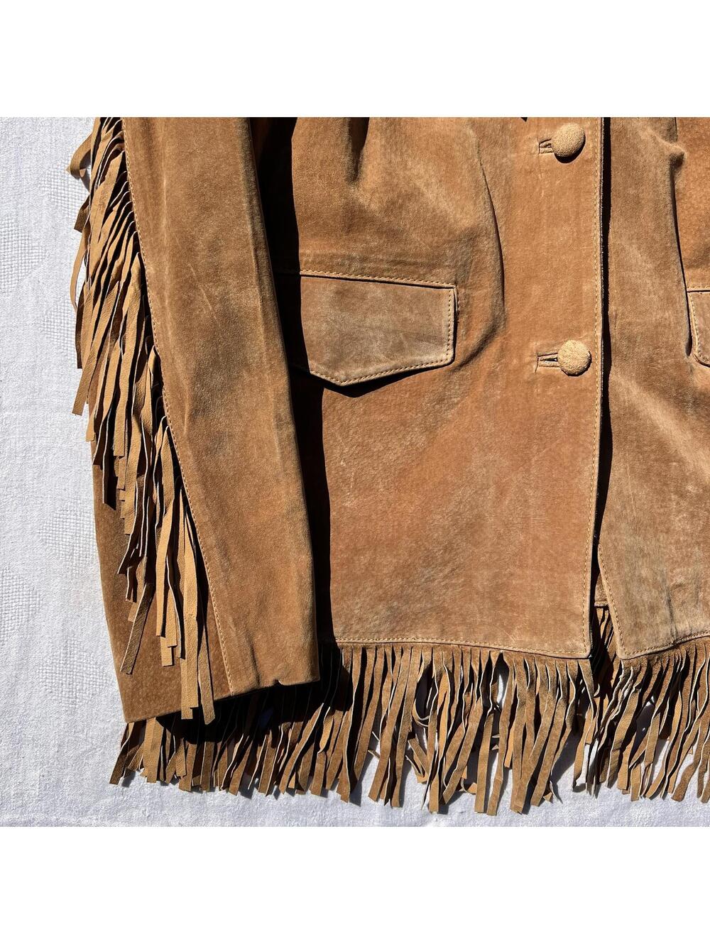 Vintage Western Fringe Suede Leather Jacket Tan Brown Button Front Coat Size XL - Picture 4 of 9